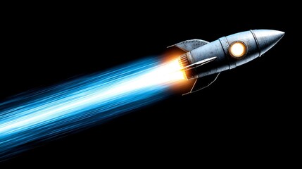 Metallic Silver Rocket Launching with Bright Blue Flame on Black Background