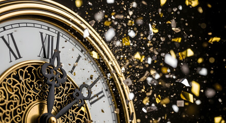 A clock striking midnight with sparkling gold and silver confetti exploding in the air.