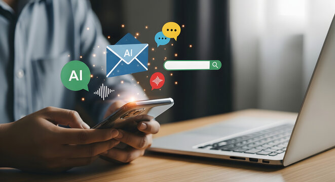 Man using smartphone with ai and email icons overlayed laptop in background