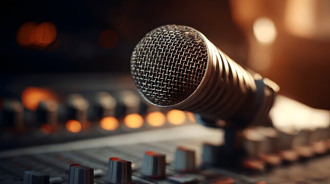 Detailed professional microphone positioned above audio mixing console controls in low light