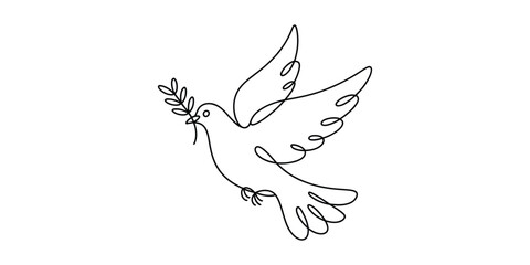 One line drawing flying dove with olive branch, symbol of peace