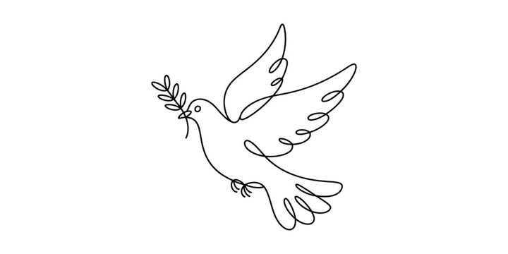 One line drawing flying dove with olive branch, symbol of peace