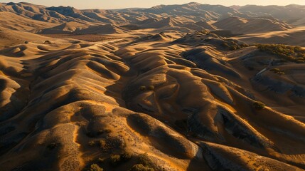 Aerial view of rolling hills in warm sunlight, creating patterns and shadows across the landscape