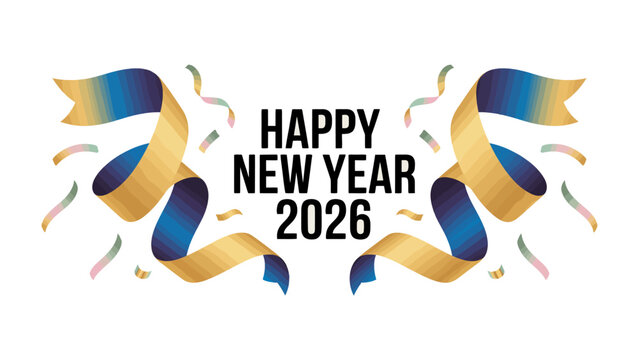 New Year 2026: Elegant ribbons and colorful confetti frame a festive message. A visual burst of joy and optimism, perfect for welcoming the future. - Powered by Adobe