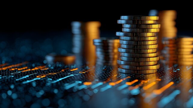 Stacks of metallic currency rest upon a glowing digital circuit board surface in a dark setting - Powered by Adobe