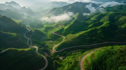 Aerial view of winding roads through lush, green mountains, with soft light and clouds