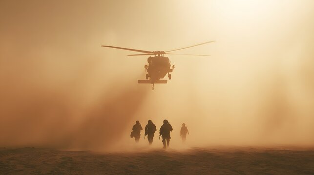 Military transport helicopter hovers above ground troops during an arid environment operation