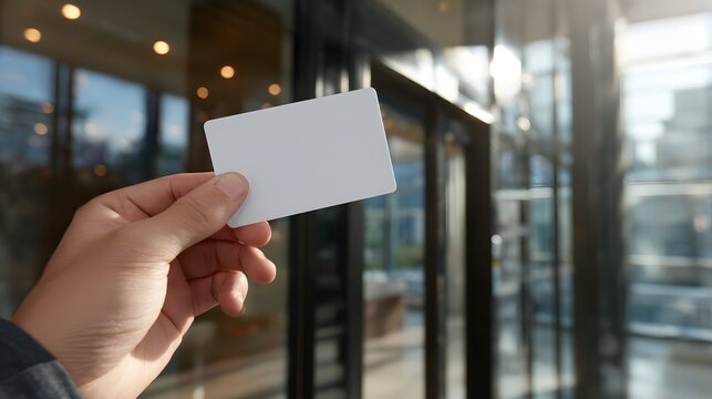Person holding blank white rectangular access card near modern building entrance
