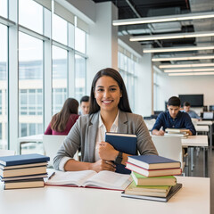 Smiling student embraces higher education for a successful future with study books in a modern, bright library setting for learning and personal growth