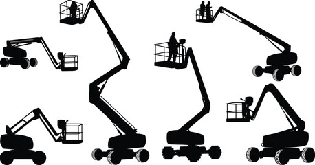 Fototapeta premium Aerial platform silhouettes, boom lift operators performing maintenance tasks, construction equipment, industrial safety operations, warehouse and building service vector illustration