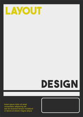 Modern Vector Template with Minimalist Geometric Design: Dark Charcoal Background Featuring a Top White Block, Bold 'LAYOUT DESIGN' Typography in Yellow and Black, and Clean White Divider Lines, Ideal