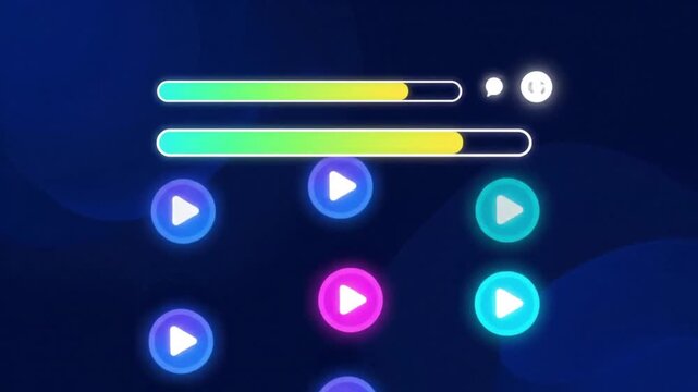 A digital audio workstation interface displaying the music track editing process for a personal media project, featuring glowing neon control buttons and progress bars