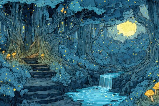 Mystical Forest Path At Night Under Moonlight