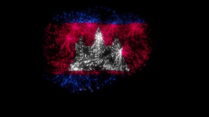 Cambodia Flag Fireworks Animation on Black Background | Cambodian National Day Celebration Pyrotechnic Flag-Shaped Fireworks Effect