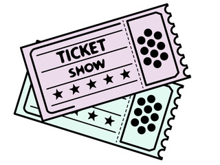Two pastel colored show tickets with stars and perforated stubs. Voucher or pass symbol for performance event or special offer.
