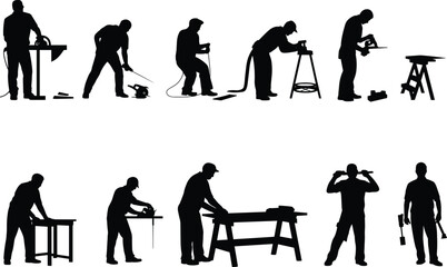 Obraz premium Carpenter worker silhouettes using power tools, woodworking workshop activities, cutting, drilling, sanding, construction labor concept, professional handyman vector illustration