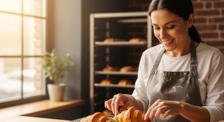 Smiling female baker arranging croissants — young woman in apron working in sunny bakery kitchen, small business concept