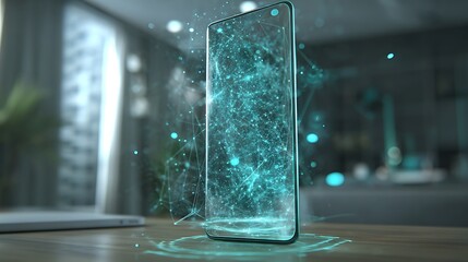 Modern Transparent Smartphone with Futuristic Blue Digital Network Hologram on Wooden Table in Office