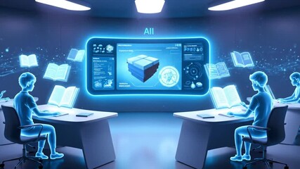Futuristic classroom scene with holographic students learning from an advanced AI interface, showcasing digital books and complex data analysis in a virtual environment - Powered by Adobe