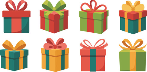 Colorful gift box vector collection with ribbons and bows, modern presents for Christmas, birthday, holiday greeting cards, packaging and branding