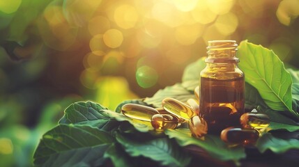 Amber bottle and capsules on green leaves, sunlight dappling the background
