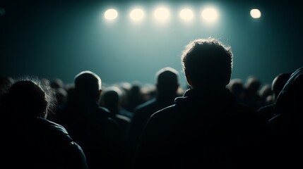 Silhouetted Crowd Standing Under Bright Stage Lights in Dark Event Venue