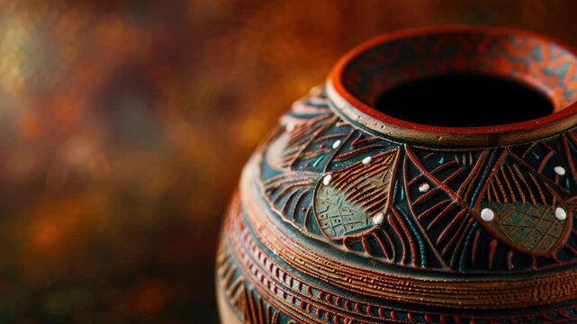 Beautifully carved pottery with intricate designs and colorful patterns
