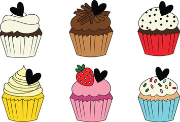 Cute cupcake vector illustration set with heart toppers, frosting and sprinkles, bakery dessert icons for menu design, stickers and packaging