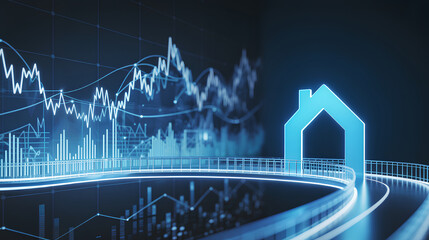 Naklejka premium Curved digital bridge to house over financial charts