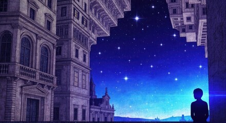 Child gazing at starry night, city skyline