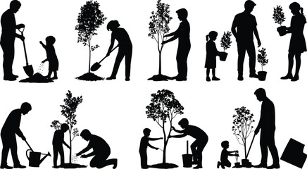 Family tree planting silhouettes, parents and children gardening together, environmental education, reforestation activity, outdoor nature care, sustainable lifestyle vector illustration
