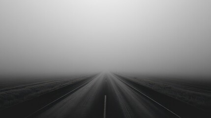 A long, straight road disappears into dense fog, flanked by barren fields under a gray sky, evoking an eerie atmosphere.