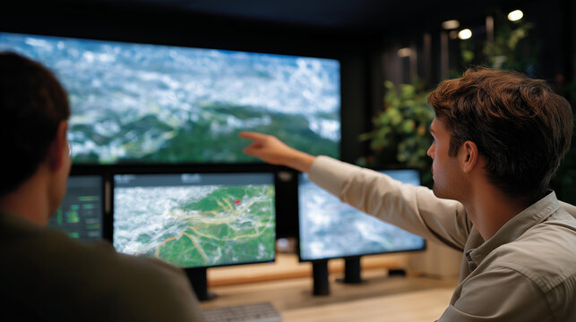 Overhead view of a city emergency operations room illuminated by glowing 911 disaster management dashboards, with planners marking evacuation routes on interactive digital geospatial maps,