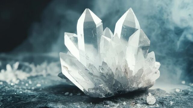 Several clear quartz crystals emerge from rocky surface amidst wisps of smoke