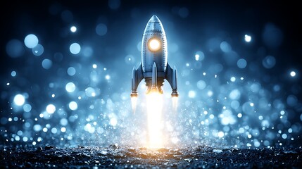 Small Metallic Rocket Launching with Bright Flames and Blue Bokeh Light Background