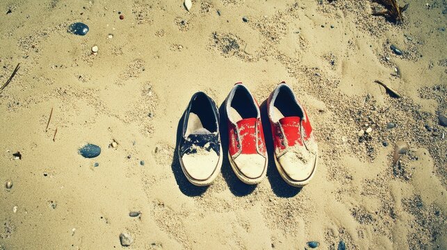Worn black and red shoes lie on a sandy beach scattered with pebbles and debris, hinting at a recent visit.