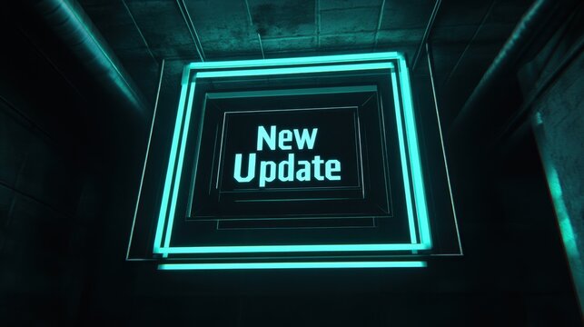 A dark, modern backdrop showcases a glowing turquoise outline around the bold text "New Update," conveying a digital notification.