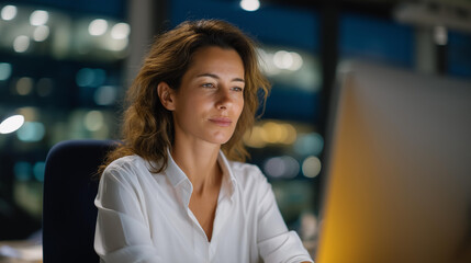 An office worker organizing documents quickly after a meeting reminder appears on a large desktop monitor — efficient corporate workflow, deadline pressure, and synchronized digital calendars.