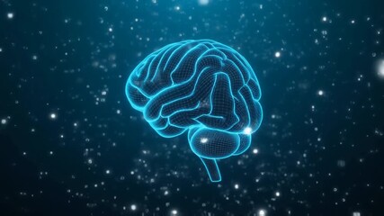 Holographic Digital Brain Rotating Wireframe Grid Blue Background - Powered by Adobe