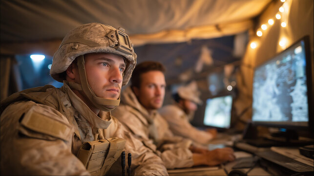 A frontline operations team coordinating under pressure inside a mobile command tent, glowing screens tracking real-time movements as radios crackle with urgent updates — rapid response, tactical - Powered by Adobe