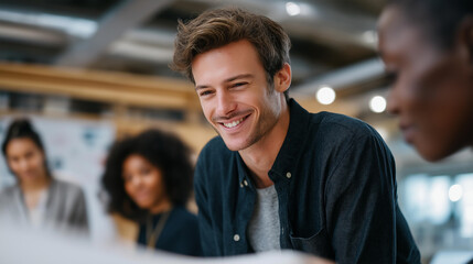 Young creative director leading a diverse design team during an energetic brainstorming session in a modern studio — concept of collaborative innovation, leadership with empathy, creativity in