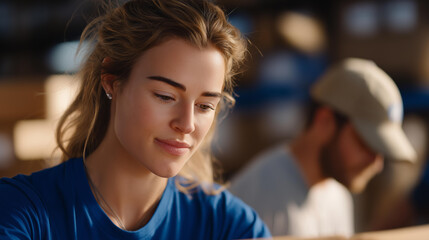 A volunteer team sorting emergency supplies in a warehouse after a natural disaster, labeling boxes with focus and urgency — crisis relief logistics, humanitarian teamwork, and rapid community