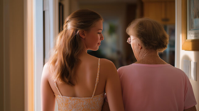 A young adult postponing personal dreams to care for an aging parent, helping them walk through a sunlit hallway — family duty, emotional sacrifice, and quiet strength. cinematic color correction,