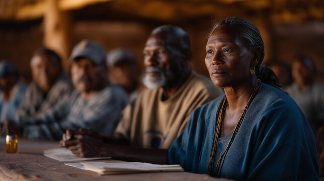 A multicultural circle of elders sitting at a long table, teaching younger generations ancestral crafts like weaving, calligraphy, and beadwork — intergenerational heritage preservation, cultural - Powered by Adobe