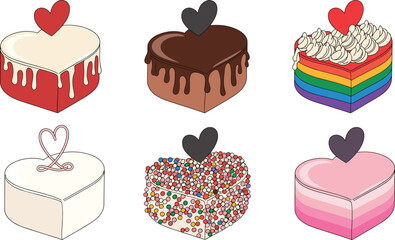 Heart shaped cake collection, colorful dessert illustrations, romantic valentines treats, chocolate and cream decorations, sweet bakery vector icons for celebration design