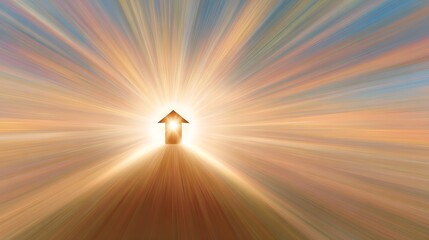 Small Wooden House Silhouette with Radiant Light Rays on Colorful Gradient Background