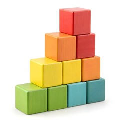 Obraz premium Colorful wooden building blocks stacked in a pyramid shape isolated on white background, a childrens toy