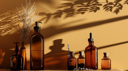 Amber glass bottles and jars, lit by sunlight, with botanical and shadow accents