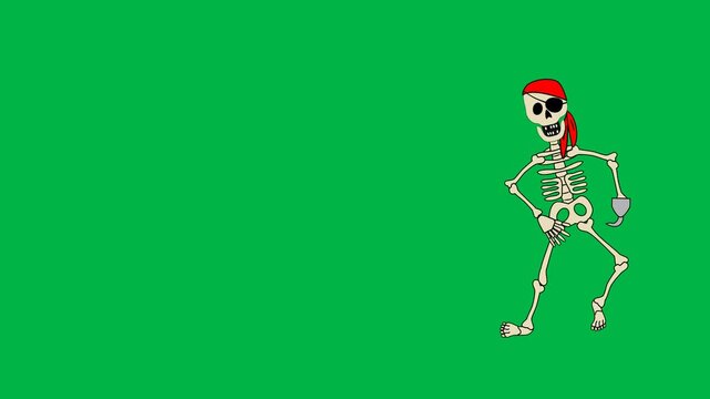 Smiling skeleton with pumpkin head joyfully raising arms on green screen chromakey background. Ideal 2D animated cartoon animation for Halloween celebrations, horror themes, children videos,