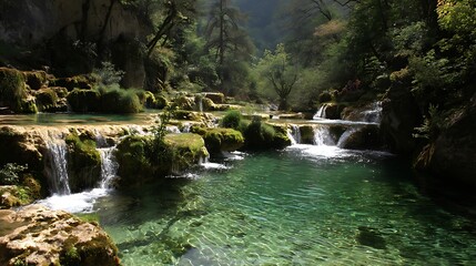 Serene Natural Waterfall Scene with Clear Green Water and Lush Forest Setting